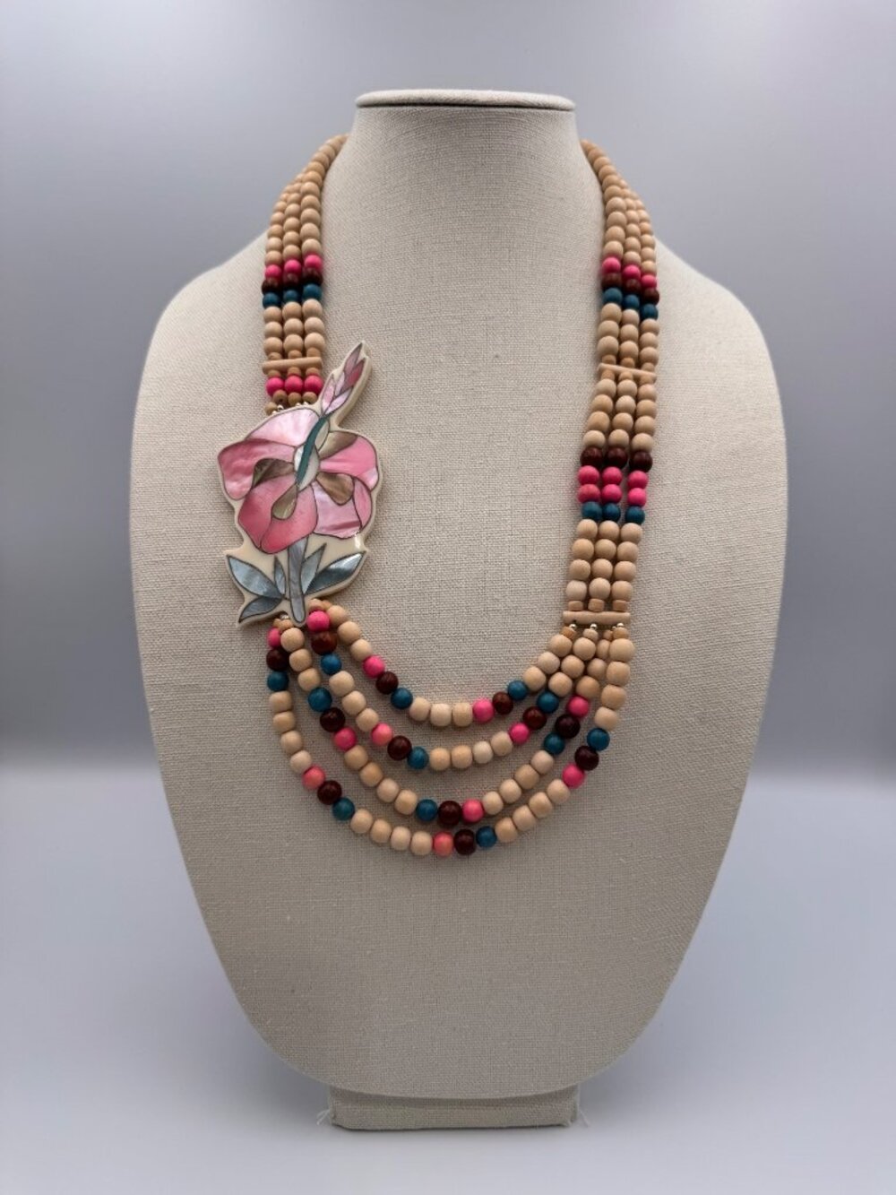 Unsigned MOP Inlay Flower Wood Bead Multi Strand Statement Necklace 31”
